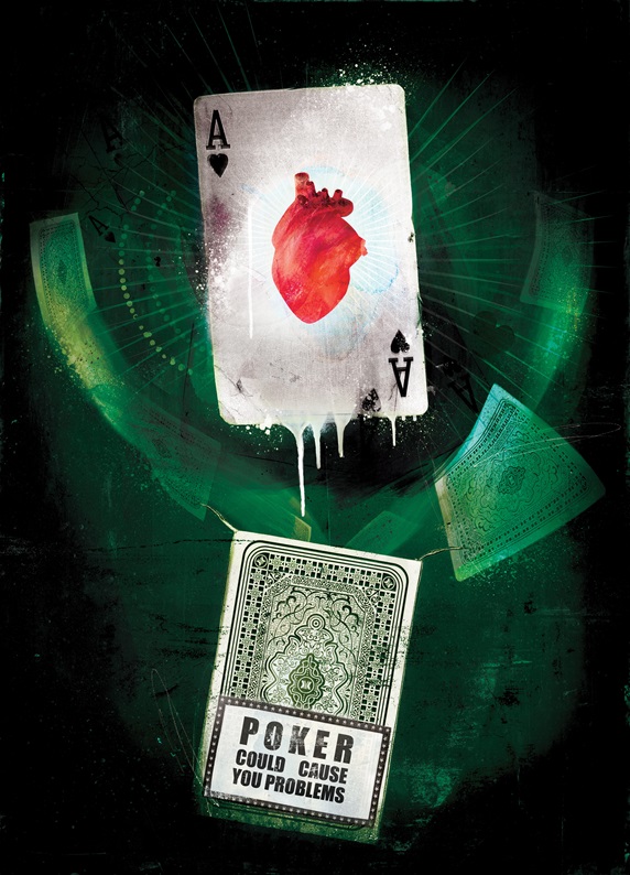 Ace of hearts and warning sign on black background