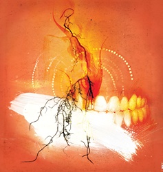 Human teeth and burning twigs on orange background