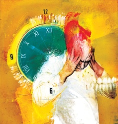 Man with headache and clock on yellow background