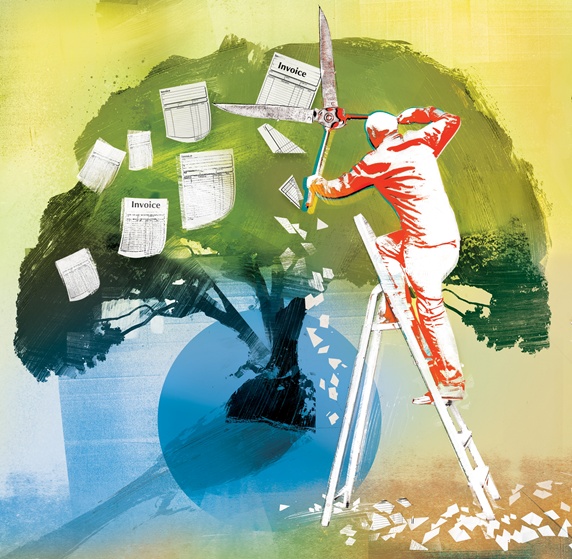 Man standing on ladder and cutting invoices from tree