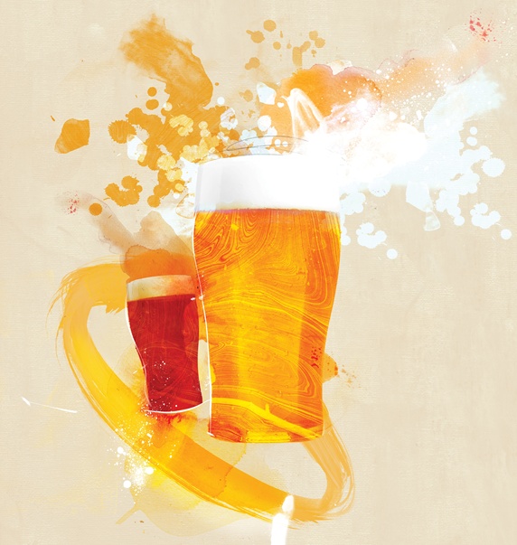 Two glasses of beer on beige background