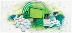 Scientists, pills and computer monitor