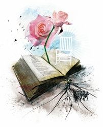 Rose growing on book