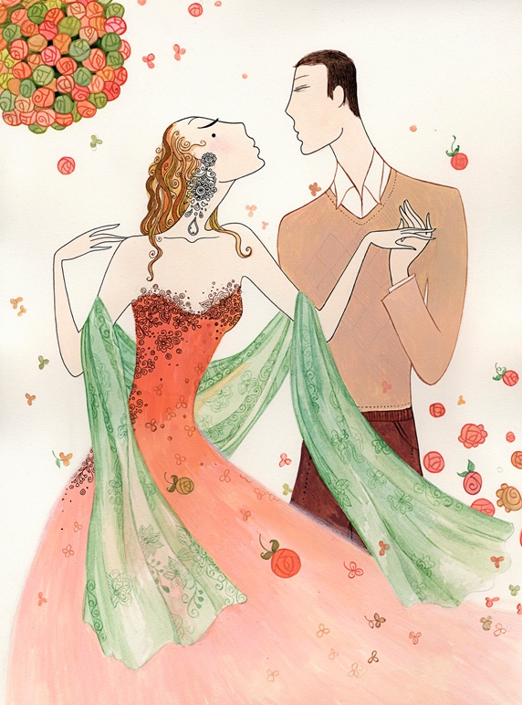 Romantic man and woman about to kiss among falling roses