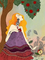 Beautiful woman holding apple under apple tree