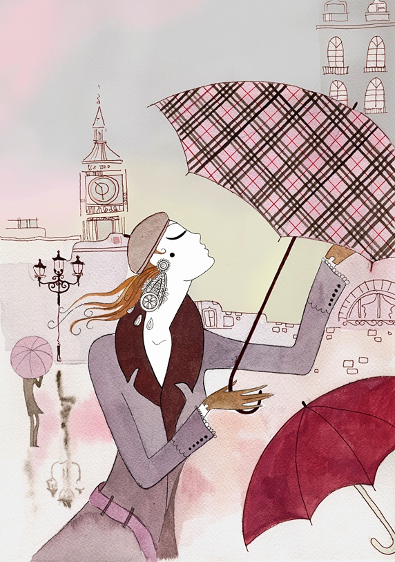Beautiful woman struggling in wind with umbrella