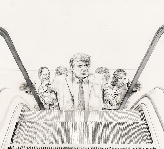 Satirical cartoon of President Donald Trump ascending escalator in front of Nigel Farage, Boris Johnson, Marine Le Pen and Geert Wilders