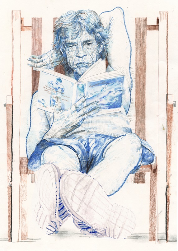 Mick Jagger relaxing in deckchair