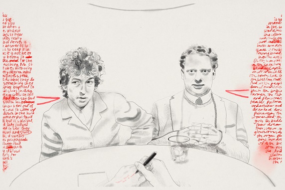 Bob Dylan and Dylan Thomas sitting at table