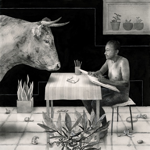 Cow looking at naked man sitting at table with notebook, black and white