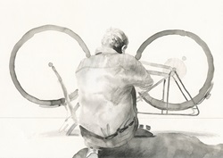 Watercolour painting of man mending bike
