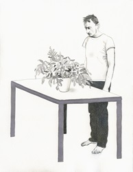 Anxious man examining houseplant