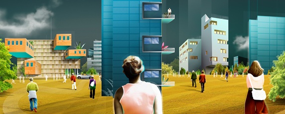 Young woman looking at apartment buildings