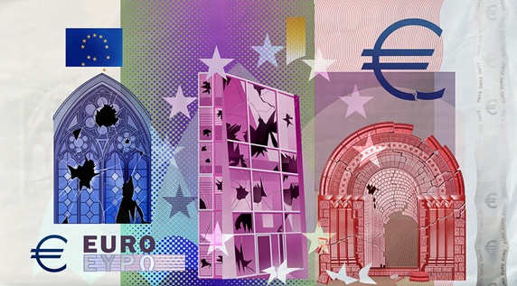 Euro banknote symbols breaking up and cracking