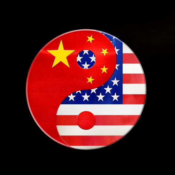 American and Chinese flags in yin and yang symbol