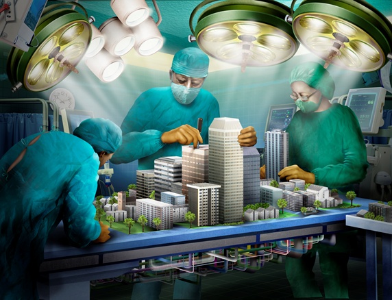 Doctors operating on urban architecture