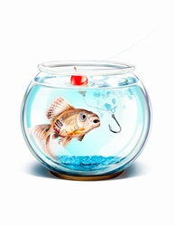 Fish hook trying to catch British pound goldfish in fishbowl