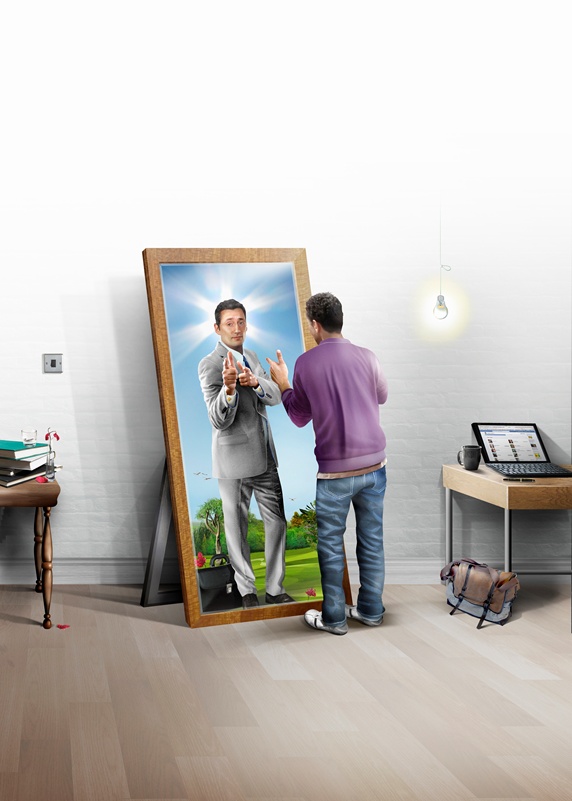 Young man seeing his future as businessman in mirror