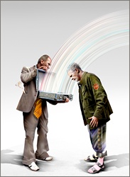 Men looking into suitcase with rainbow
