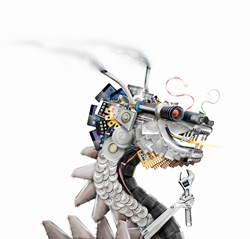Chinese dragon made from machine parts, smart phones and circuit boards