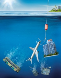 Bus, airplane and house underwater