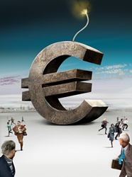 Business people running away from large euro sign bomb