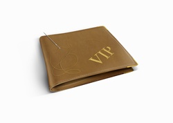 The letters VIP being embroidered on wallet