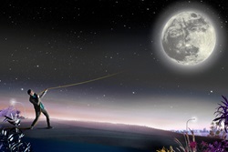 Man pulling rope attached to the full moon