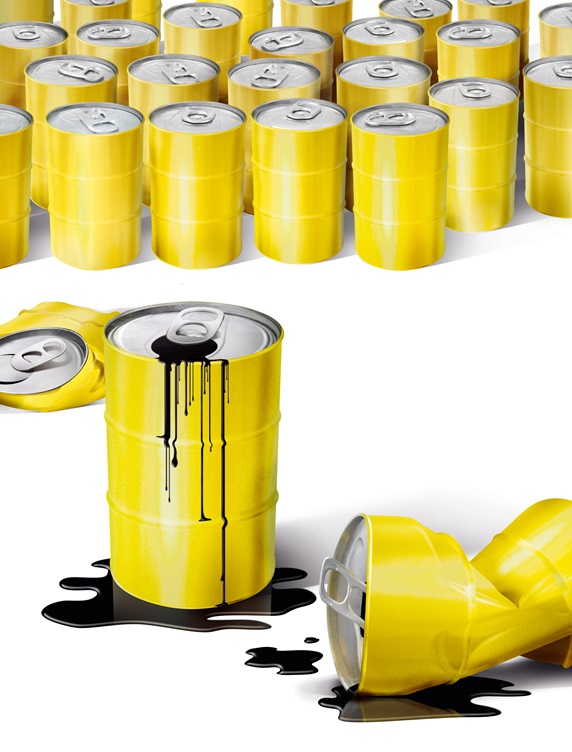 Yellow cans with black liquid