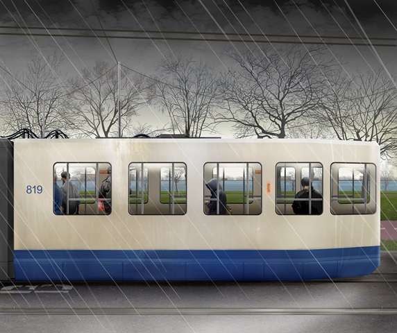 Passengers travelling in tram on rainy day