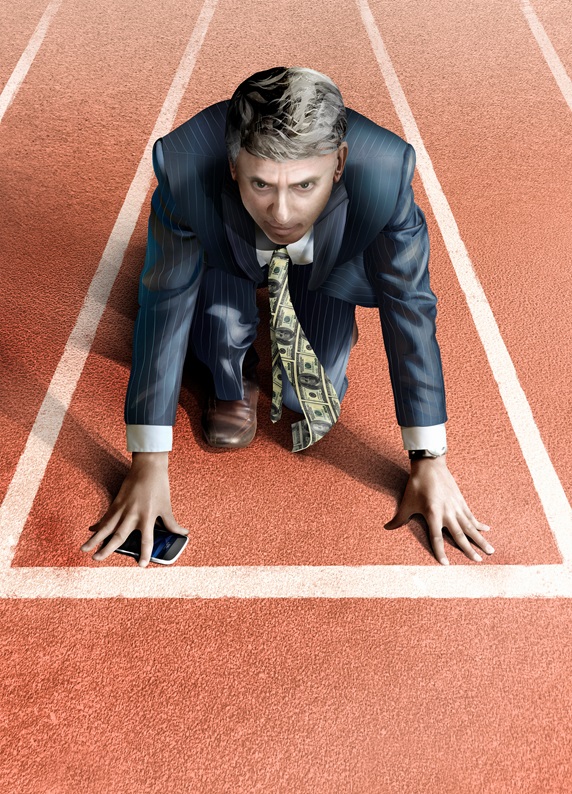 Businessman with money tie on starting line of athletics track