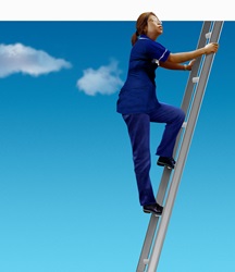 Nurse looking up climbing ladder in sky