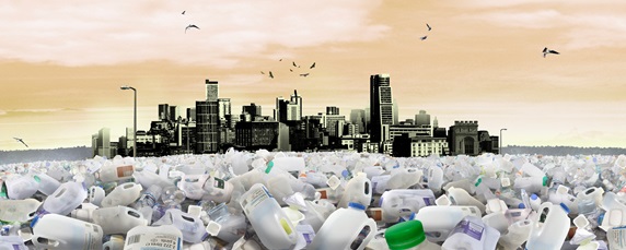 Cityscape drowning in plastic waste