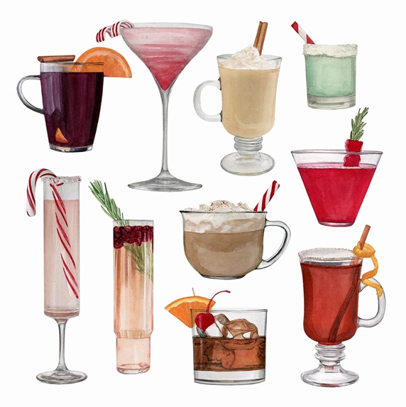 Watercolour painting of lots of different drinks