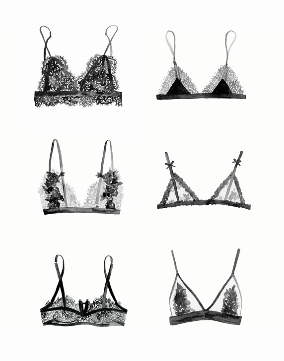 Watercolour painting of different lacy bras