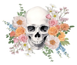 Human skull surrounded with fresh flowers