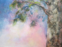 Painting of tree branch against pink sky