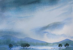Watercolour painting of mountains and trees against rainy sky