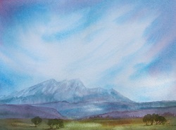 Watercolour painting of mountains and blue sky