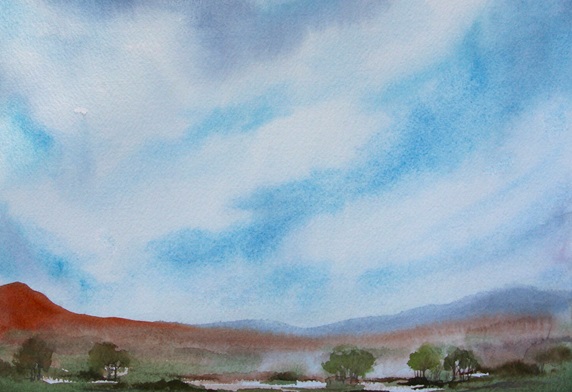 Watercolour painting of hills and lake against blue sky