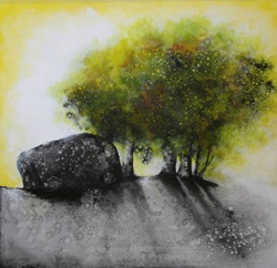 Painting of trees growing beside large boulder