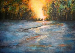 Painting of sunset over river floodplain