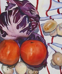 Still life with tomatoes, cabbage and mushrooms