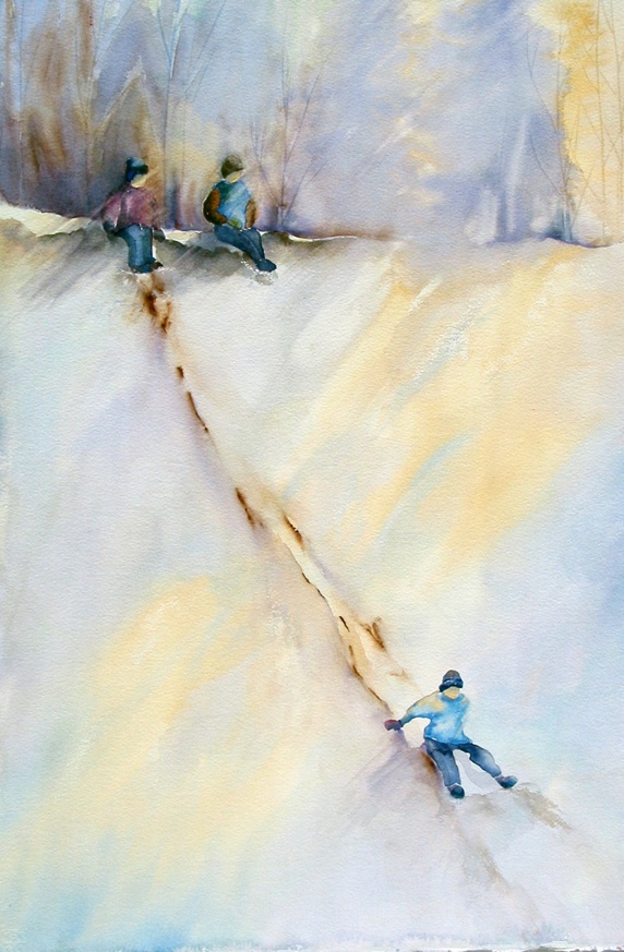 Children sliding in winter landscape