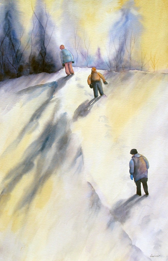 Children walking in winter landscape