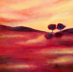 Trees in tranquil pink landscape