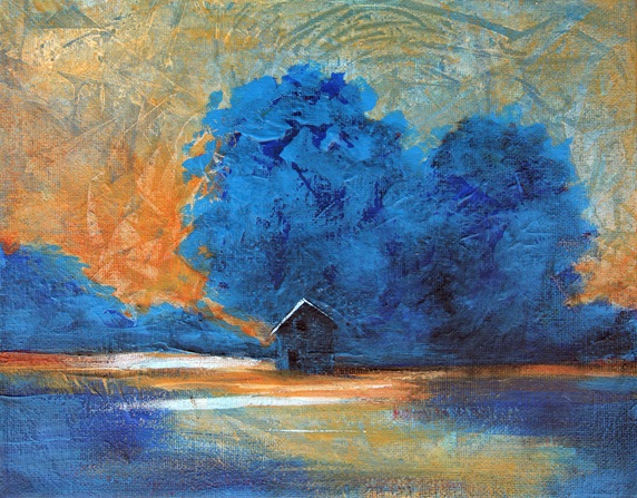 Painting of remote hut beside lake