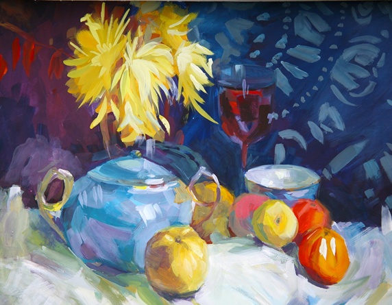 Still life with tea pot and fruits