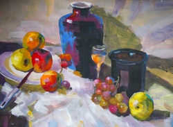 Still life with vase and fruits