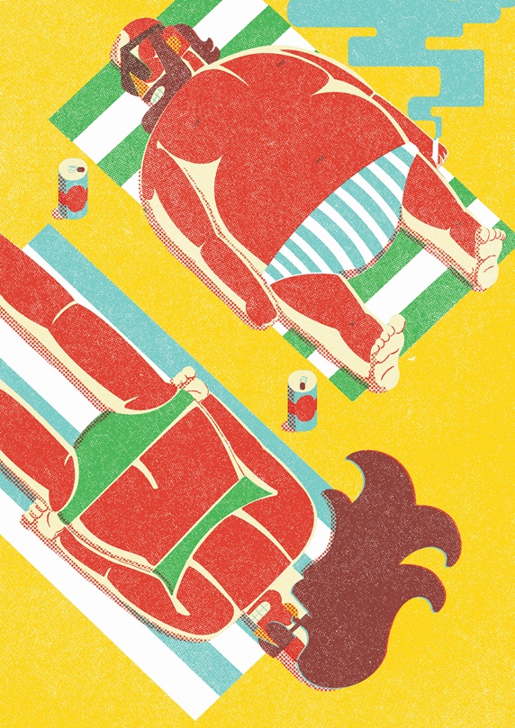 Overweight couple lying on beach getting sunburnt